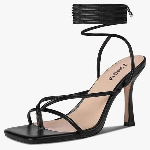 ISNOM Shoes Isnom Open Toe Strappy Lace Up Square Toe Heels
